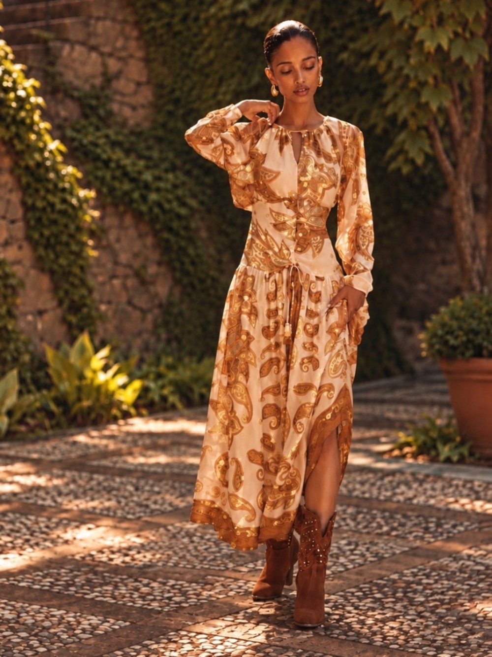 NWT Farm Rio x Anthropologie Jacquard Metallic Gold Maxi Dress M - Picture 2 of 13